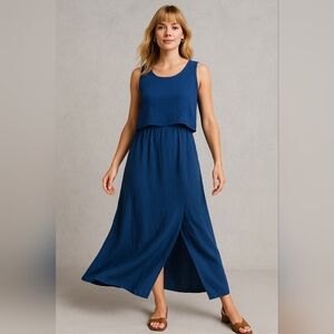 Pure Jill Linen Dress Women’s Small Blue Sleeveless Layered Midi Shift Vacation